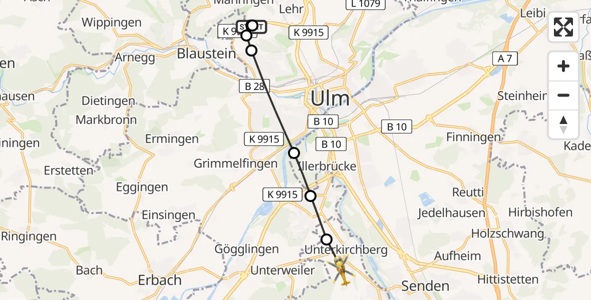 Flugroute Rettungshubschrauber Ulm Military Hospital Emergency - Illerkirchberg, 14 Juli 2026, 18:23