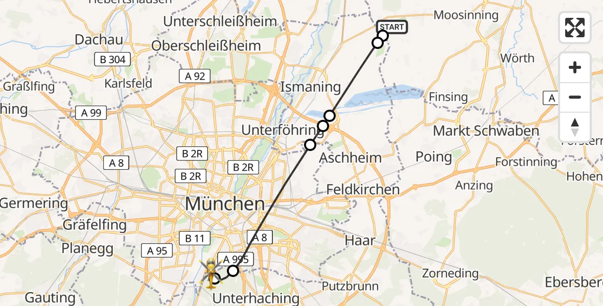 Flugroute Rettungshubschrauber Moosinning - ADAC Air Rescue Center Hubschrauberlandeplatz (Christoph 1), 14 Juli 2026, 18:27