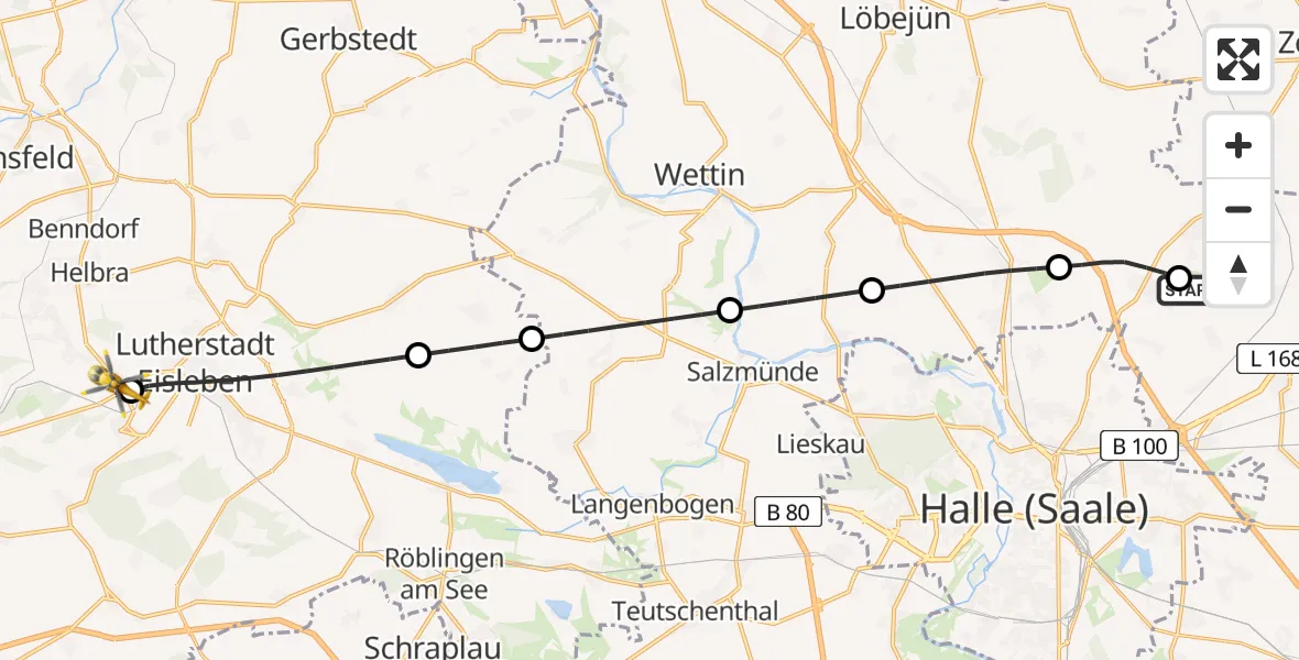 Flugroute Rettungshubschrauber Halle-Oppin Flugplatz - Wimmelburg, 14 Juli 2026, 18:35