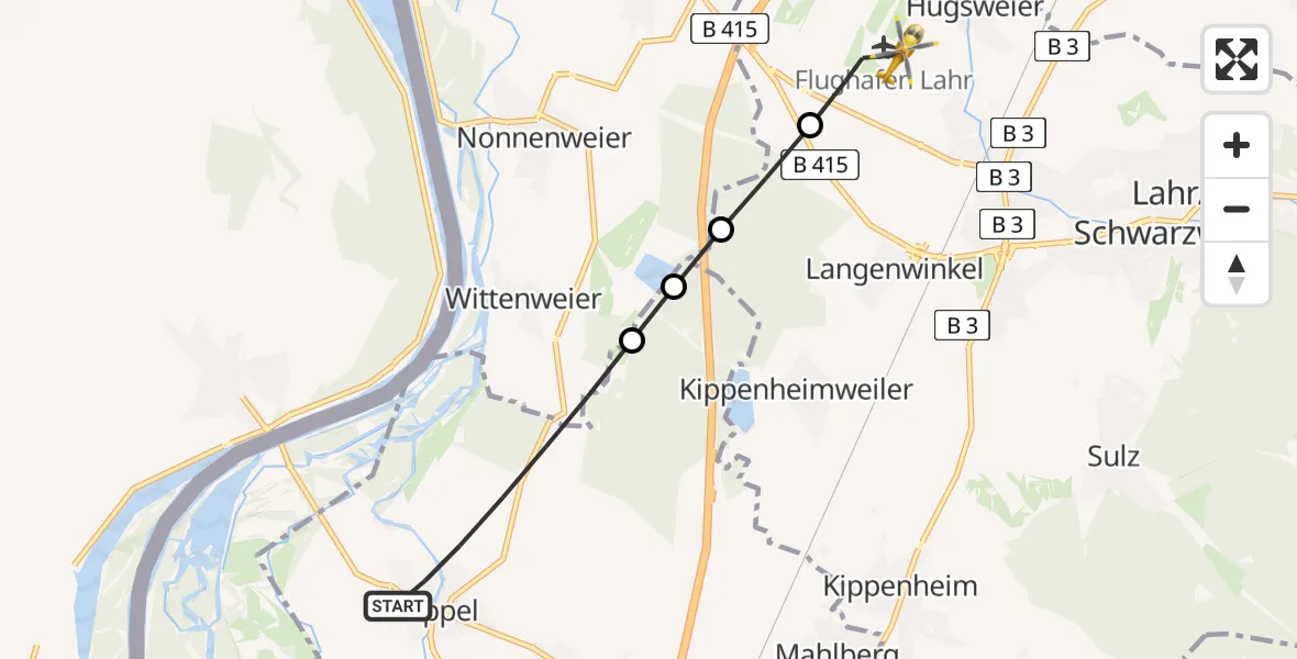 Flugroute Rettungshubschrauber Kappel-Grafenhausen - Lahr Flughafen, 14 Juli 2026, 18:41