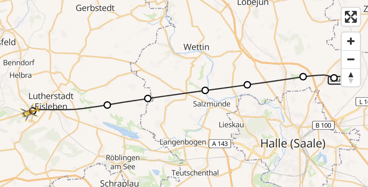 Flugroute Rettungshubschrauber Halle-Oppin Flugplatz - Wimmelburg, 14 Juli 2026, 18:41