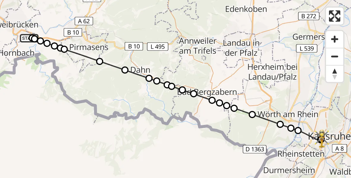Flugroute Ambulanzhubschrauber Zweibrücken - Sankt Vincentius Hospital, 14 Juli 2026, 18:47