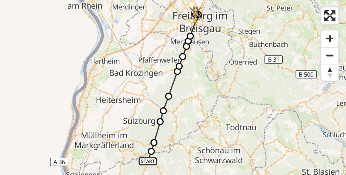Flugroute Ambulanzhubschrauber Malsburg-Marzell - Freiburg University Hospital Heliport 1, 14 Juli 2026, 18:47