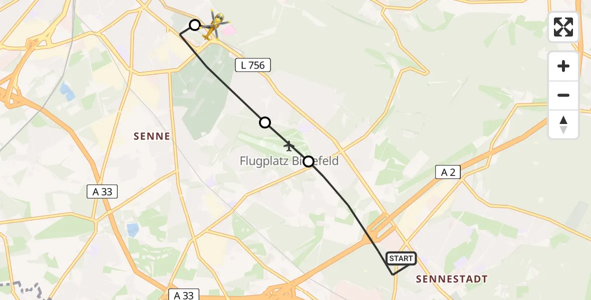 Flugroute Rettungshubschrauber Bielefeld - Luftrettungszentrum Bielefeld, 14 Juli 2026, 18:47