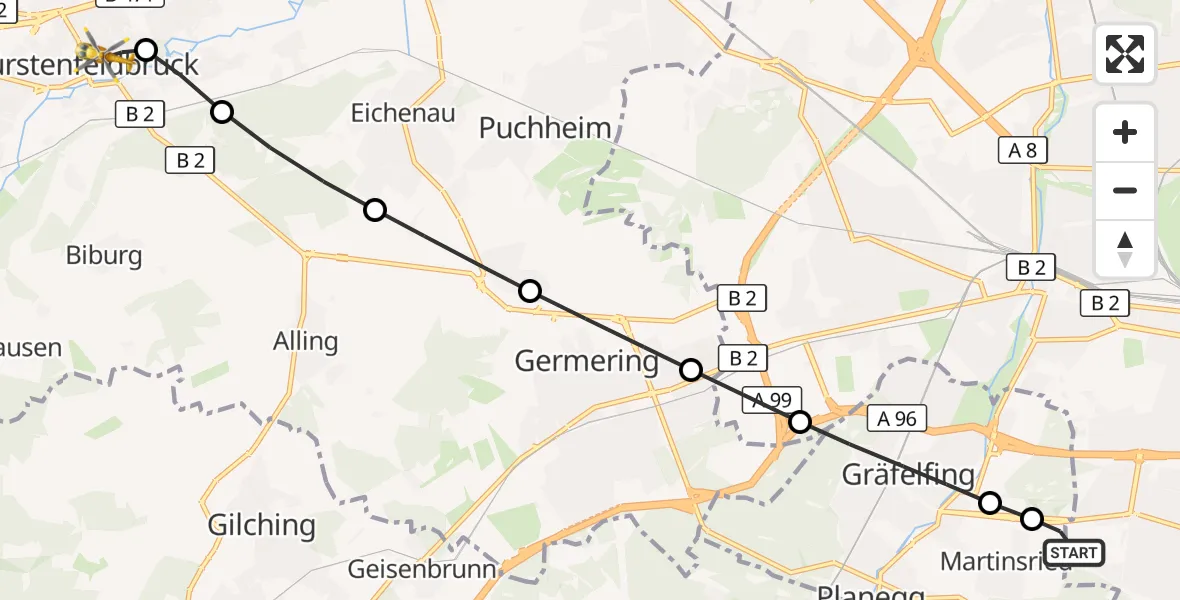 Flugroute Rettungshubschrauber DRF Air Rescue München Hubschrauberlandeplatz - Fürstenfeldbruck, 14 Juli 2026, 18:49