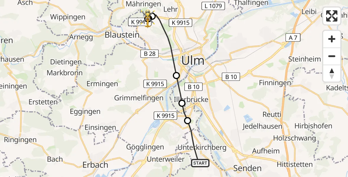Flugroute Rettungshubschrauber Illerkirchberg - ADAC Air Rescue Station Ulm (Christoph 22), 14 Juli 2026, 18:54