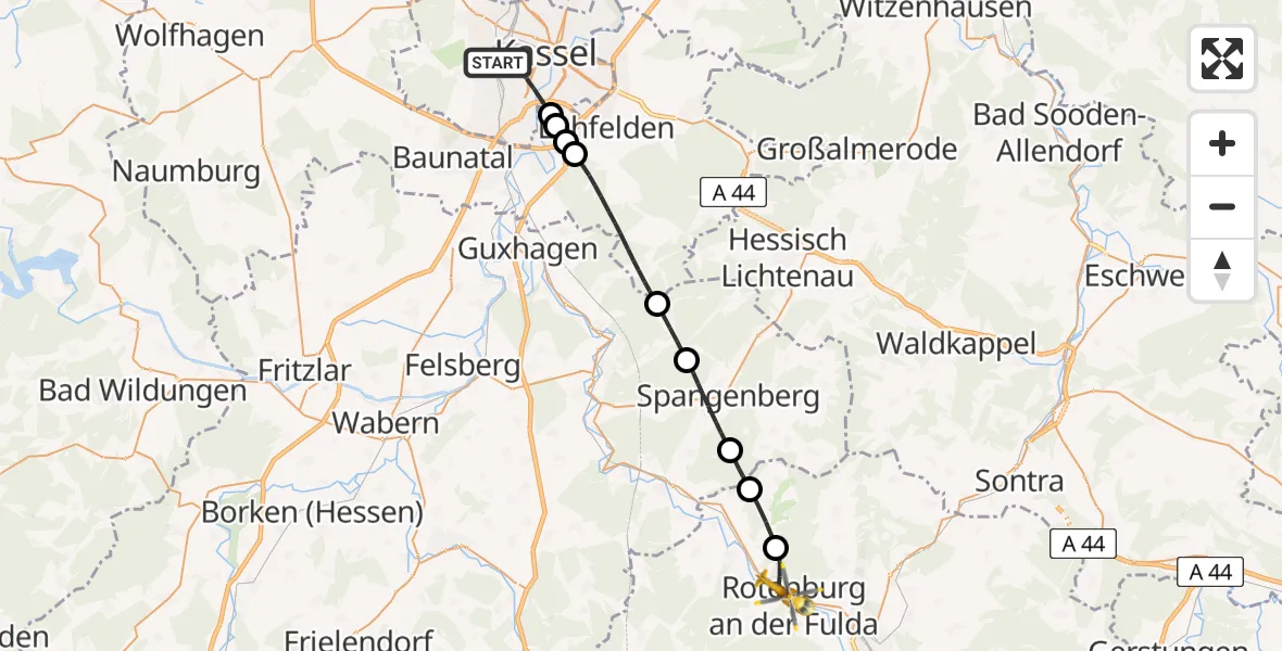 Flugroute Rettungshubschrauber Kassel - Rotenburg a.d.Fulda, 14 Juli 2026, 18:55