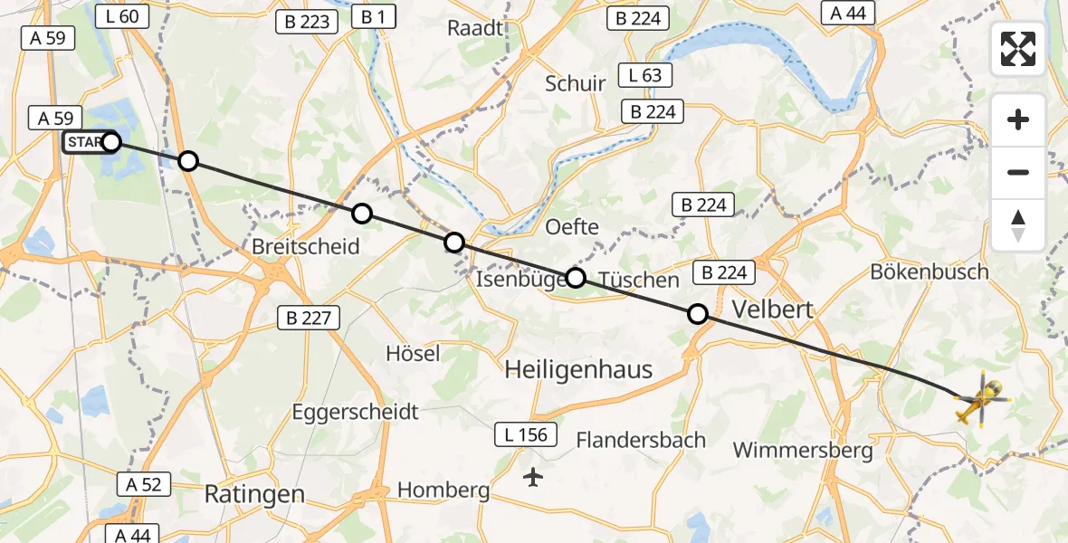 Flugroute Rettungshubschrauber Duisburg Air Rescue Hubschrauberlandeplatz (Christoph 9) - Velbert, 14 Juli 2026, 19:01