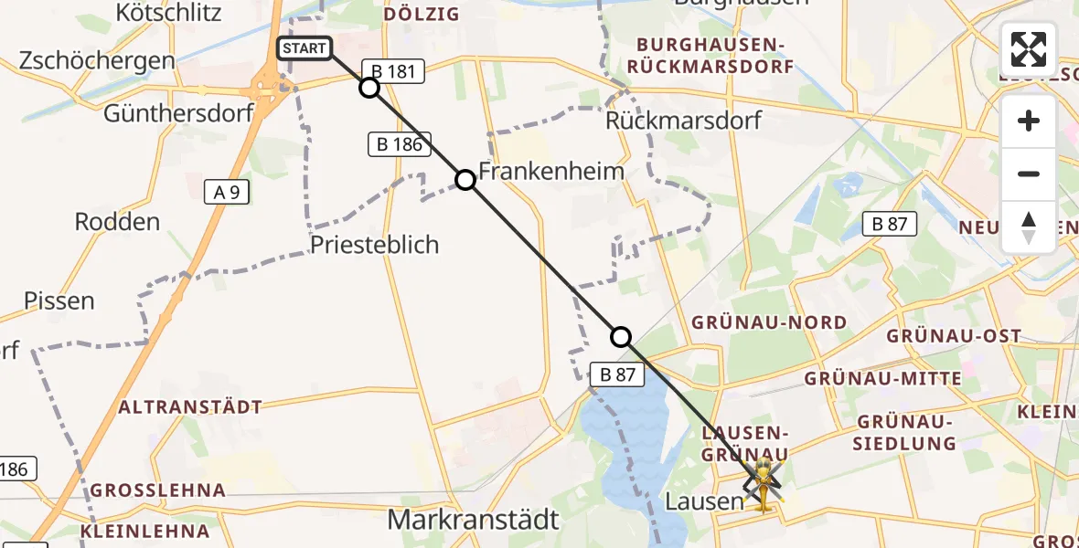 Flugroute Rettungshubschrauber ADAC Air Rescue Station Leipzig/Schkeuditz-Dölzig Hubschrauberlandeplatz (Christoph 61) - Leipzig, 14 Juli 2026, 19:03