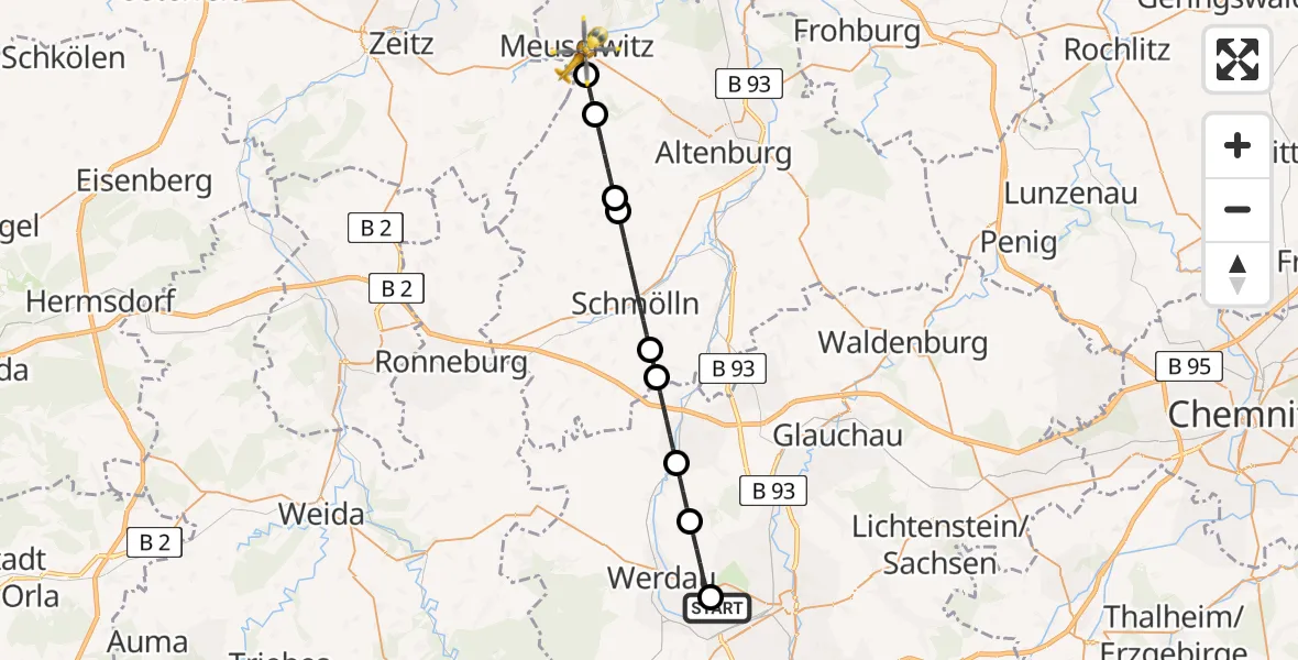 Flugroute Rettungshubschrauber ADAC Air Rescue Station Zwickau Hubschrauberlandeplatz - Meuselwitz, 14 Juli 2026, 19:05