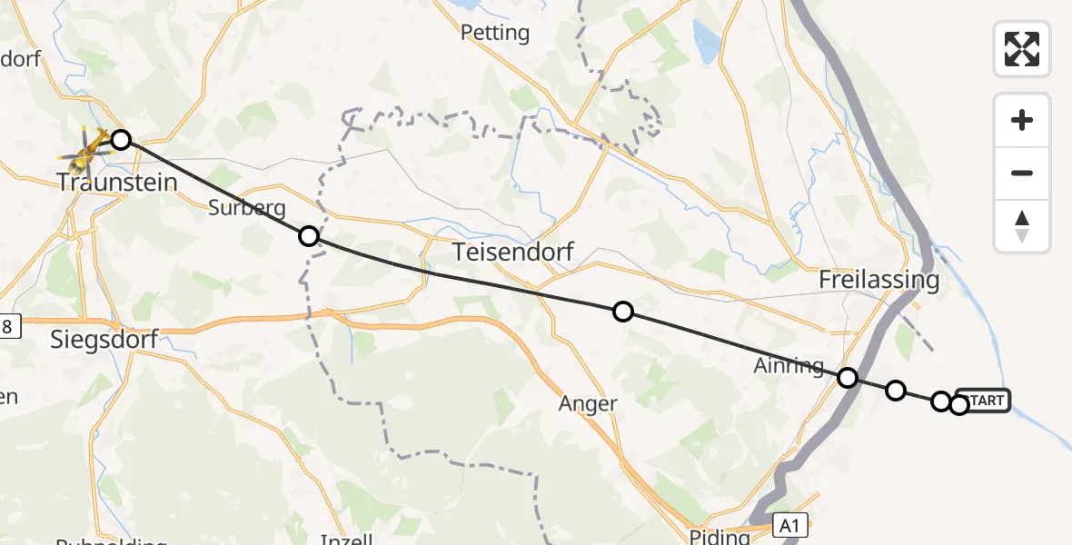 Flugroute Rettungshubschrauber Dachlandeplatz Heliport - Traunstein, 14 Juli 2026, 19:05