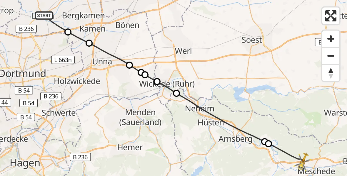 Flugroute Rettungshubschrauber Lünen - Meschede, 14 Juli 2026, 19:06