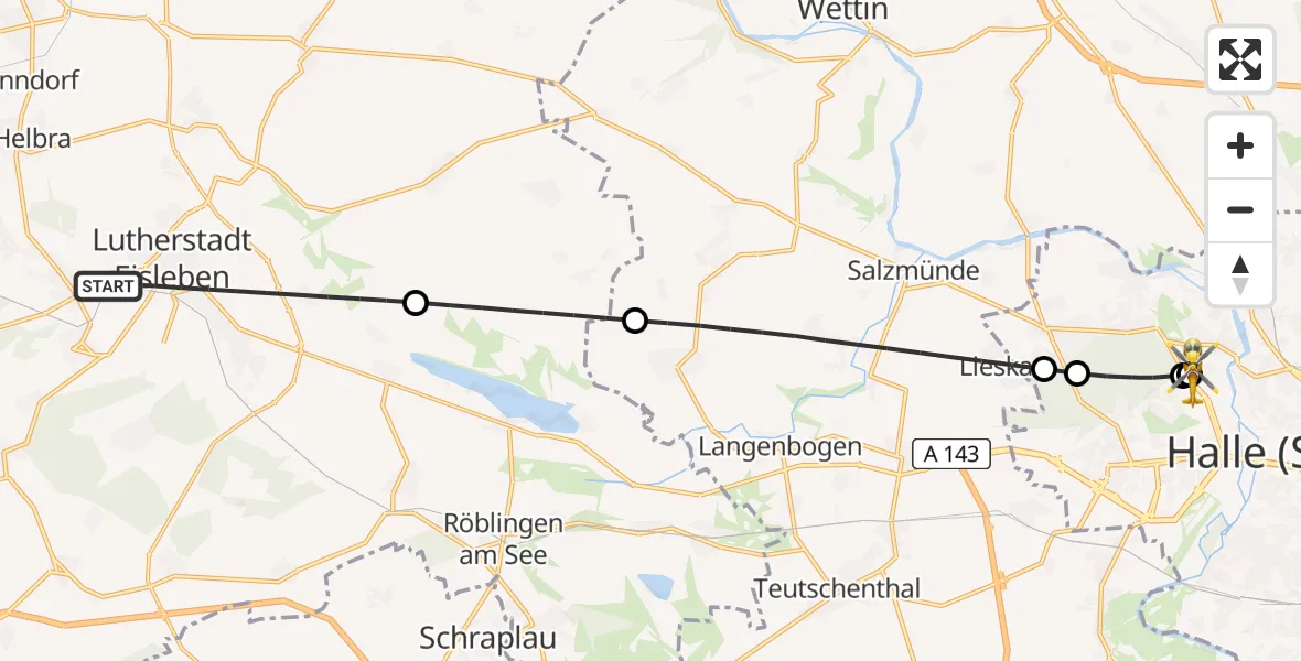 Flugroute Rettungshubschrauber Eisleben - Halle (Saale) University Hospital, 14 Juli 2026, 19:22