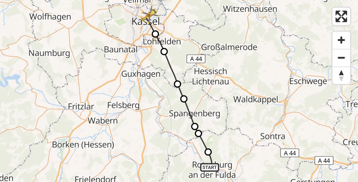 Flugroute Rettungshubschrauber Rotenburg a.d.Fulda - Kassel, 14 Juli 2026, 19:23
