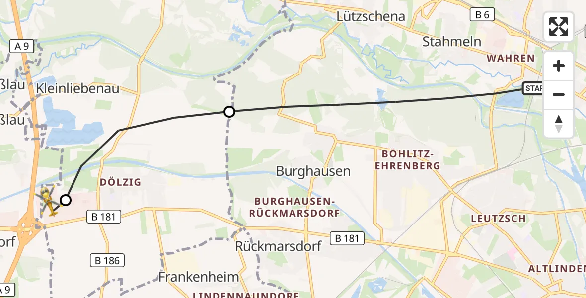 Flugroute Rettungshubschrauber Leipzig - ADAC Air Rescue Station Leipzig/Schkeuditz-Dölzig Hubschrauberlandeplatz (Christoph 61), 14 Juli 2026, 19:35
