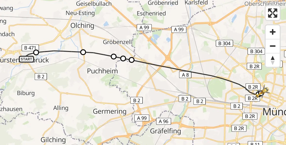 Flugroute Rettungshubschrauber Fürstenfeldbruck - Deutsches Herzzentrum München, 14 Juli 2026, 19:36