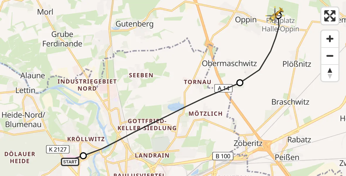Flugroute Rettungshubschrauber Halle (Saale) University Hospital - Halle-Oppin Flugplatz, 14 Juli 2026, 19:36