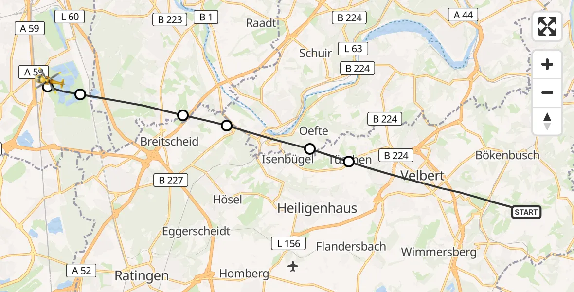 Flugroute Rettungshubschrauber Velbert - Duisburg Air Rescue Hubschrauberlandeplatz (Christoph 9), 14 Juli 2026, 19:40