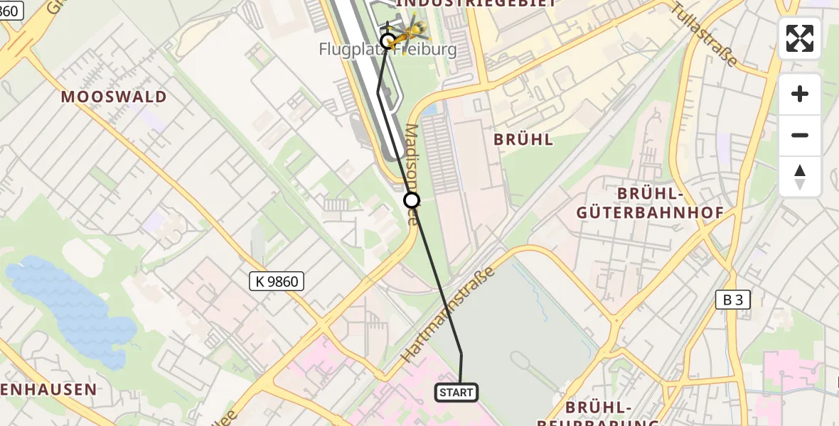 Flugroute Ambulanzhubschrauber Freiburg University Hospital Heliport 1 - Freiburg im Breisgau Flugplatz, 14 Juli 2026, 19:40