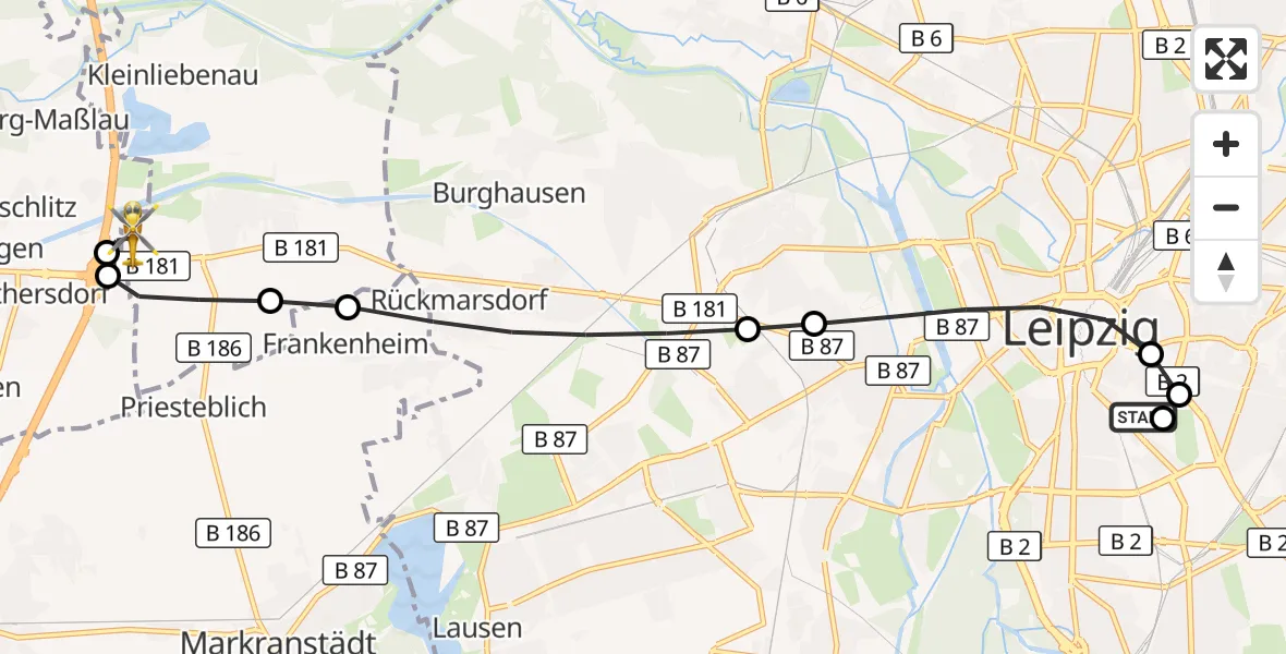 Flugroute Rettungshubschrauber Leipzig University Hospital Heliport 1 - ADAC Air Rescue Station Leipzig/Schkeuditz-Dölzig Hubschrauberlandeplatz (Christoph 61), 14 Juli 2026, 19:51