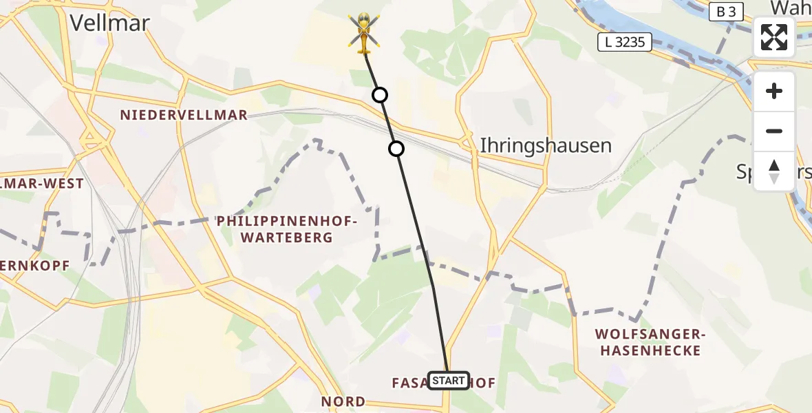 Flugroute Rettungshubschrauber Kassel - Fuldatal Bundespolizei Hubschrauberlandeplatz, 14 Juli 2026, 19:56