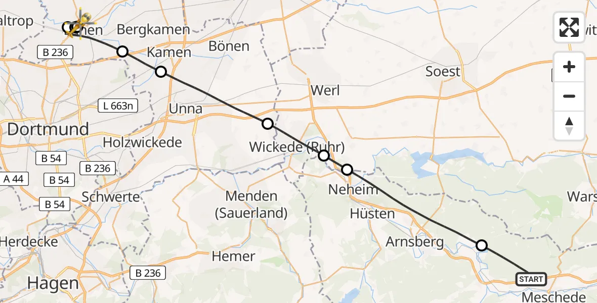 Flugroute Rettungshubschrauber Meschede - Sankt Marien Hospital, 14 Juli 2026, 19:58
