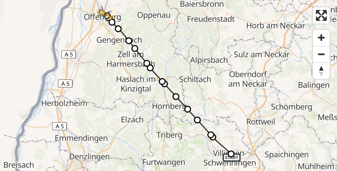 Flugroute Ambulanzhubschrauber DRF Air Rescue Station Villingen-Schwenningen Hubschrauberlandeplatz (Christoph 11) - Offenburg, 14 Juli 2026, 20:00