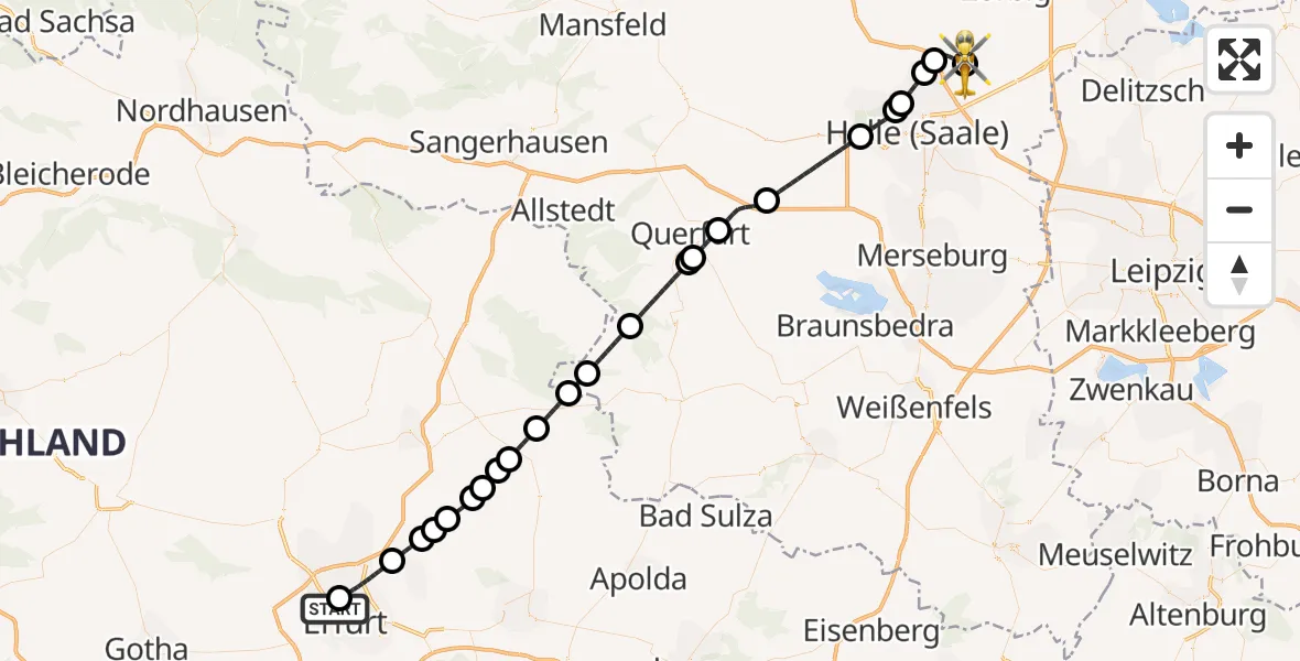 Flugroute Rettungshubschrauber Helios Clinic Erfurt - Halle-Oppin Flugplatz, 14 Juli 2026, 20:18