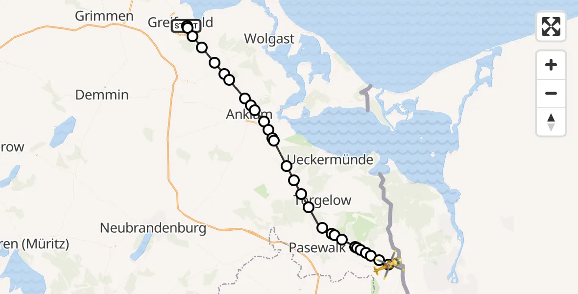 Flugroute Rettungshubschrauber Greifswald Hospital - Ramin, 14 Juli 2026, 20:37