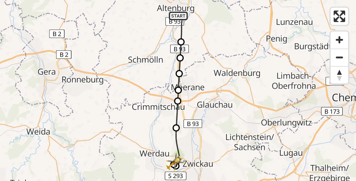 Flugroute Rettungshubschrauber Altenburg - ADAC Air Rescue Station Zwickau Hubschrauberlandeplatz, 14 Juli 2026, 20:37