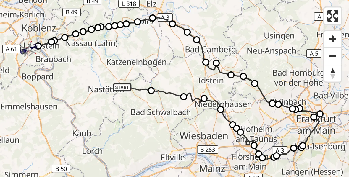 Flugroute Polizeihubschrauber Heidenrod - Koblenz, 14 Juli 2026, 21:15