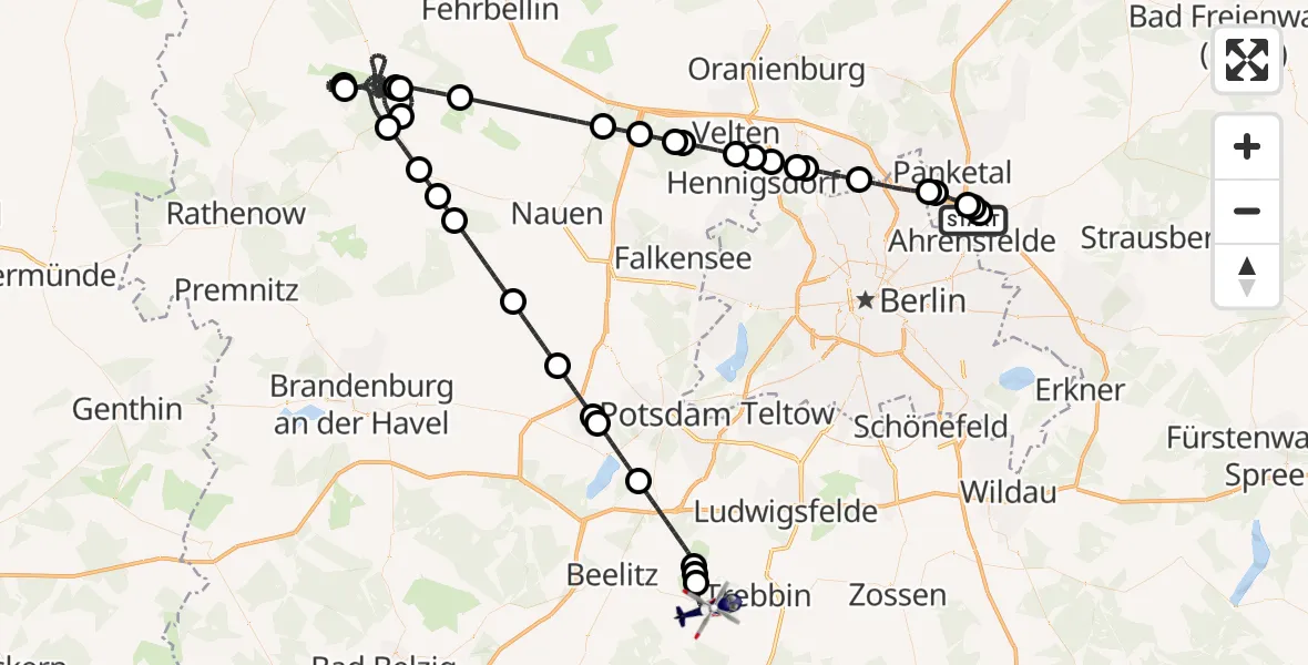 Flugroute Polizeihubschrauber Ahrensfelde Hubschrauberlandeplatz - Trebbin, 14 Juli 2026, 22:07