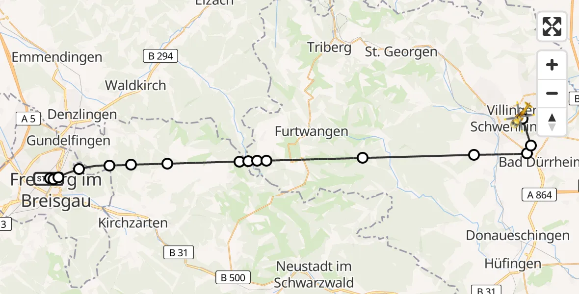 Flugroute Ambulanzhubschrauber Freiburg University Hospital Heliport 1 - DRF Air Rescue Station Villingen-Schwenningen Hubschrauberlandeplatz (Christoph 11), 14 Juli 2026, 22:09
