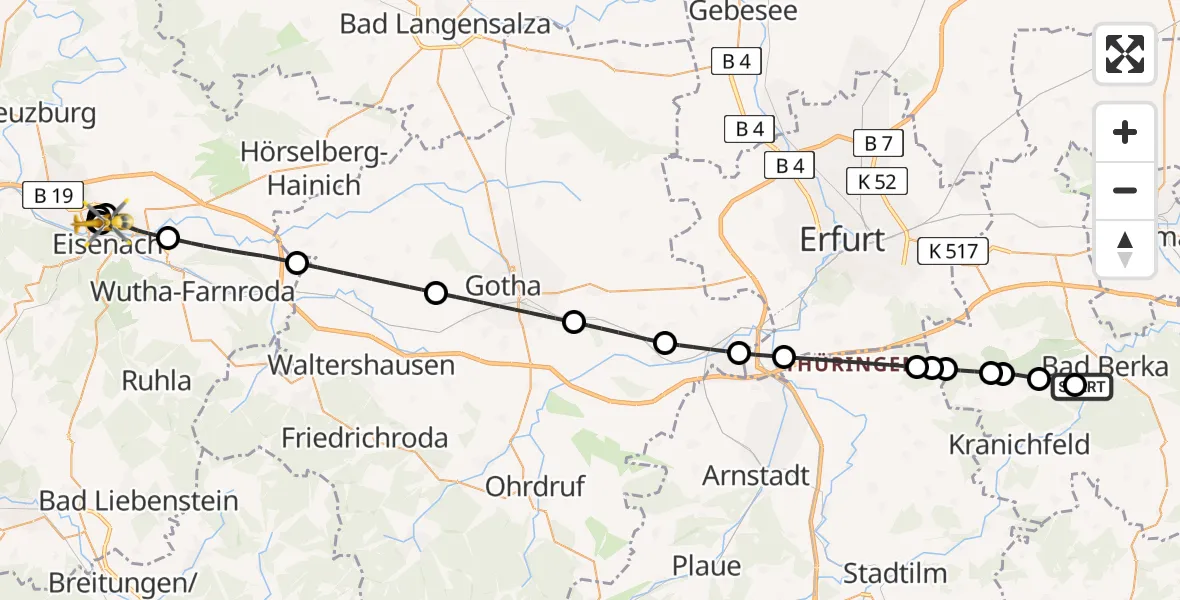 Flugroute Ambulanzhubschrauber Bad Berka Central Hospital - Sankt Georg Hospital Eisenach, 14 Juli 2026, 22:39