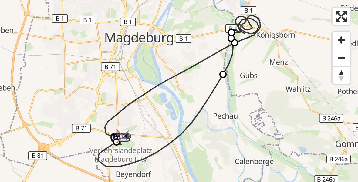Flugroute Polizeihubschrauber Magdeburg City Flugplatz - Magdeburg City Flugplatz, 14 Juli 2026, 22:39