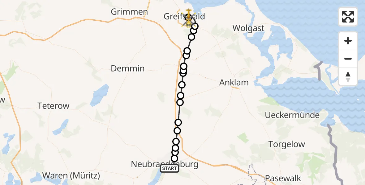 Flugroute Rettungshubschrauber Neubrandenburg - Greifswald Hospital, 14 Juli 2026, 22:46