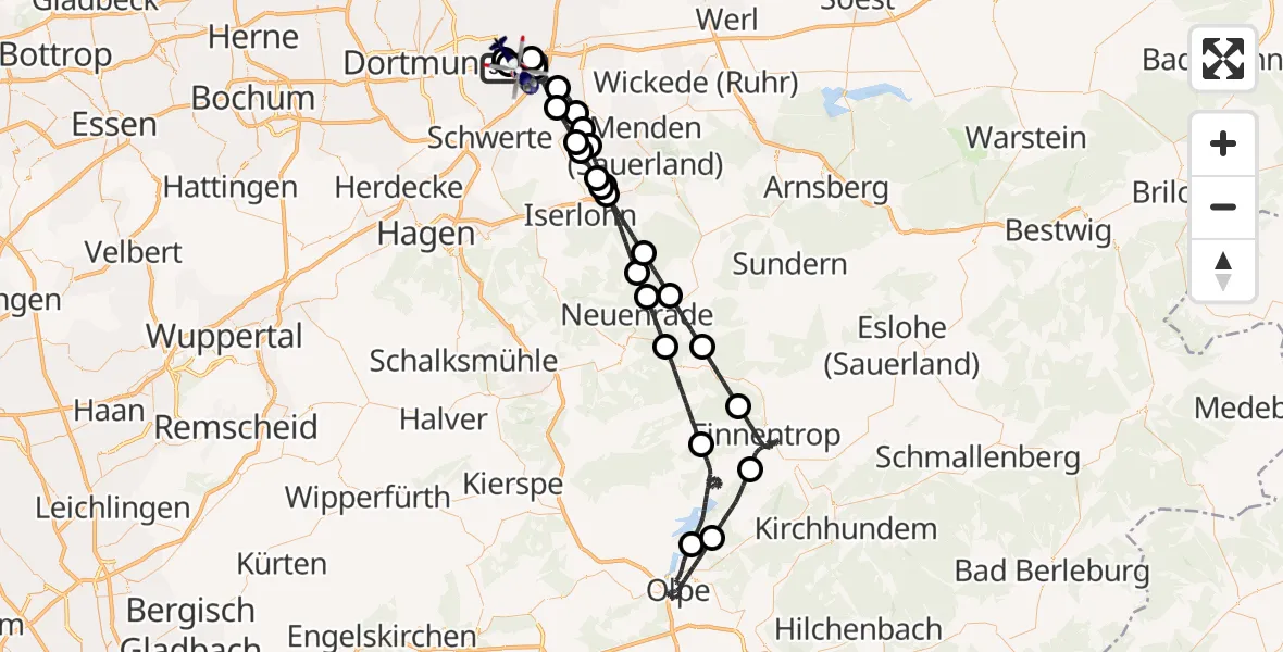 Flugroute Polizeihubschrauber Dortmund Flughafen - Dortmund Flughafen, 14 Juli 2026, 23:21