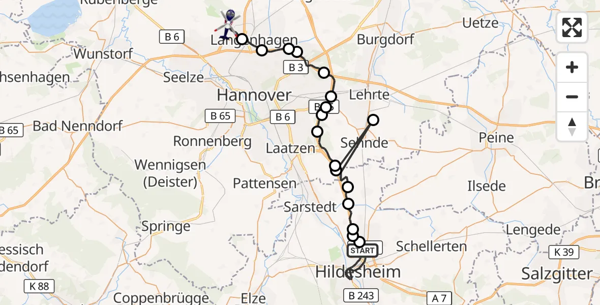 Flugroute Polizeihubschrauber Hildesheim - Flughafen Hannover, 14 Juli 2026, 23:24