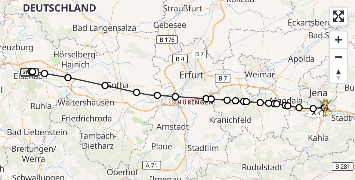 Flugroute Ambulanzhubschrauber Sankt Georg Hospital Eisenach - Jena University Hospital, 14 Juli 2026, 23:32