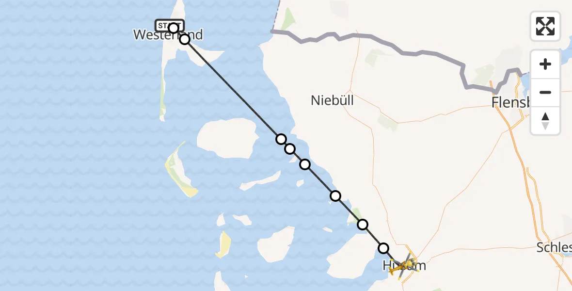 Flugroute Ambulanzhubschrauber Sylt - Husum, 14 Juli 2026, 23:39