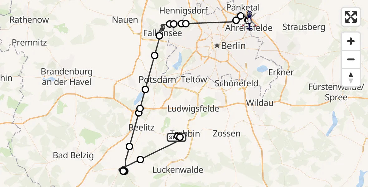 Flugroute Polizeihubschrauber Schönhagen Flugplatz - Ahrensfelde Hubschrauberlandeplatz, 14 Juli 2026, 23:44