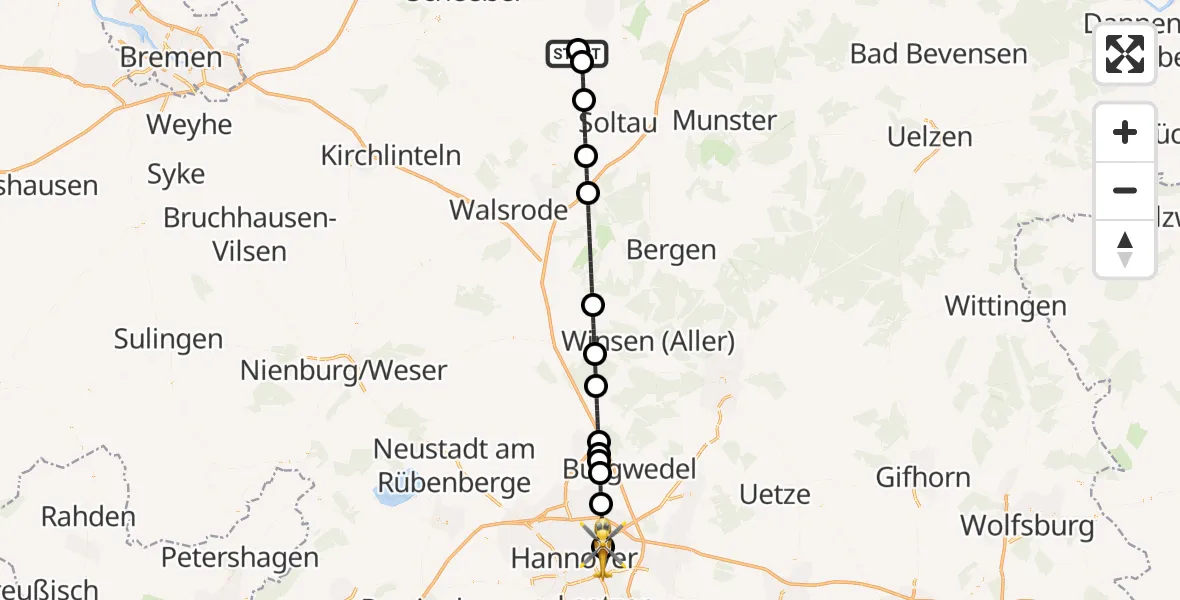 Flugroute Rettungshubschrauber Neuenkirchen - Hannover Luftrettung Hubschrauberlandeplatz (Christoph 4), 14 Juli 2026, 23:46