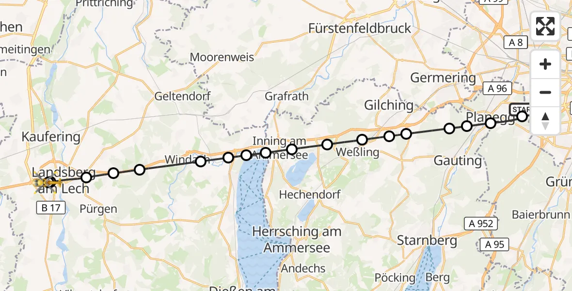 Flugroute Rettungshubschrauber DRF Air Rescue München Hubschrauberlandeplatz - Landsberg am Lech Hospital, 15 Juli 2026, 00:11
