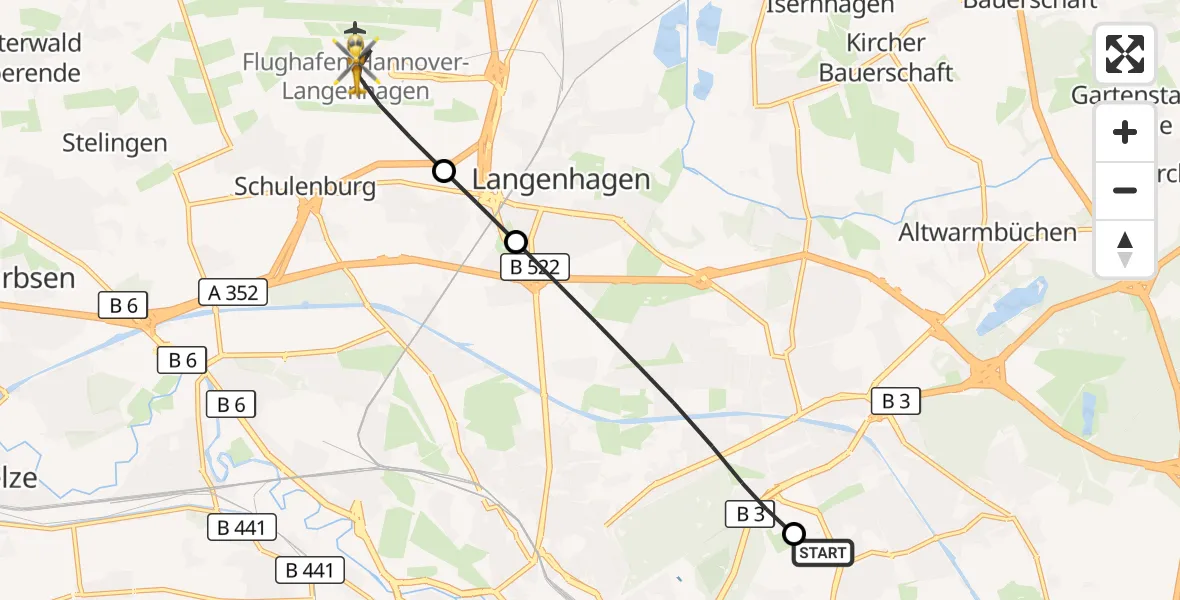 Flugroute Rettungshubschrauber Hannover Luftrettung Hubschrauberlandeplatz (Christoph 4) - Flughafen Hannover, 15 Juli 2026, 00:40