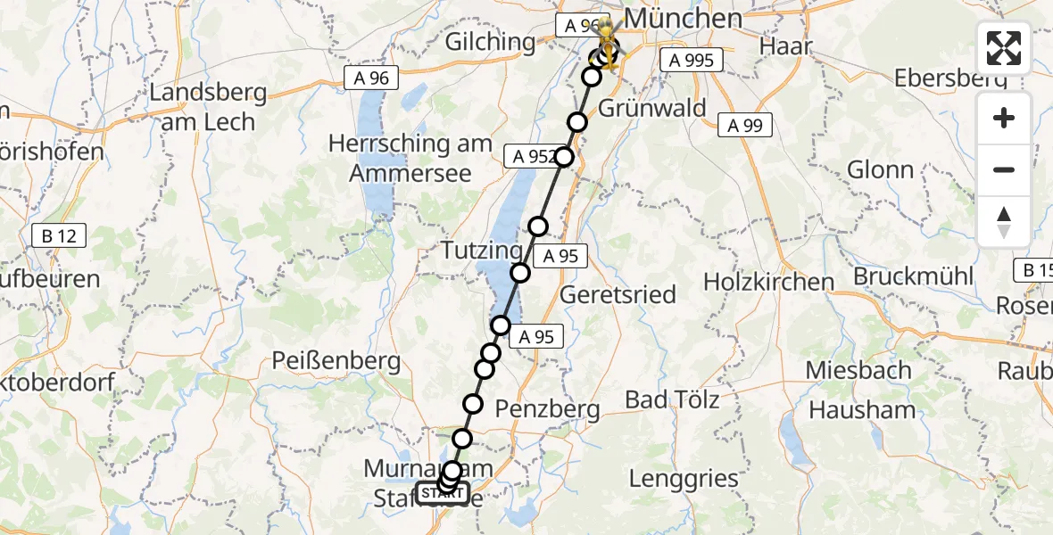 Flugroute Rettungshubschrauber Murnau a.Staffelsee - DRF Air Rescue München Hubschrauberlandeplatz, 15 Juli 2026, 01:32