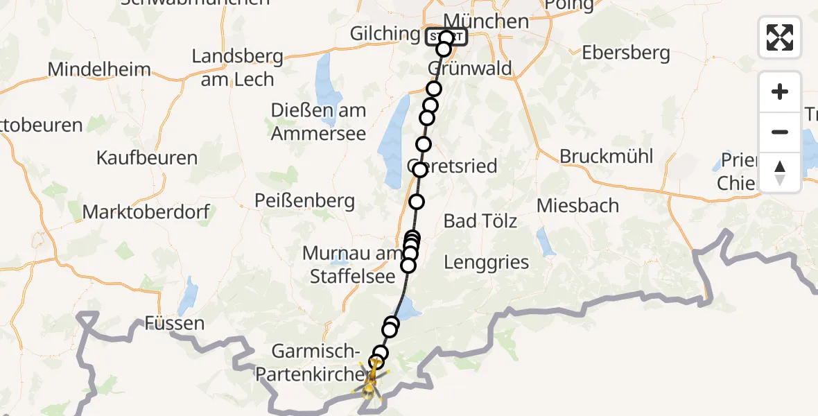 Flugroute Rettungshubschrauber DRF Air Rescue München Hubschrauberlandeplatz - Mittenwald, 15 Juli 2026, 02:31