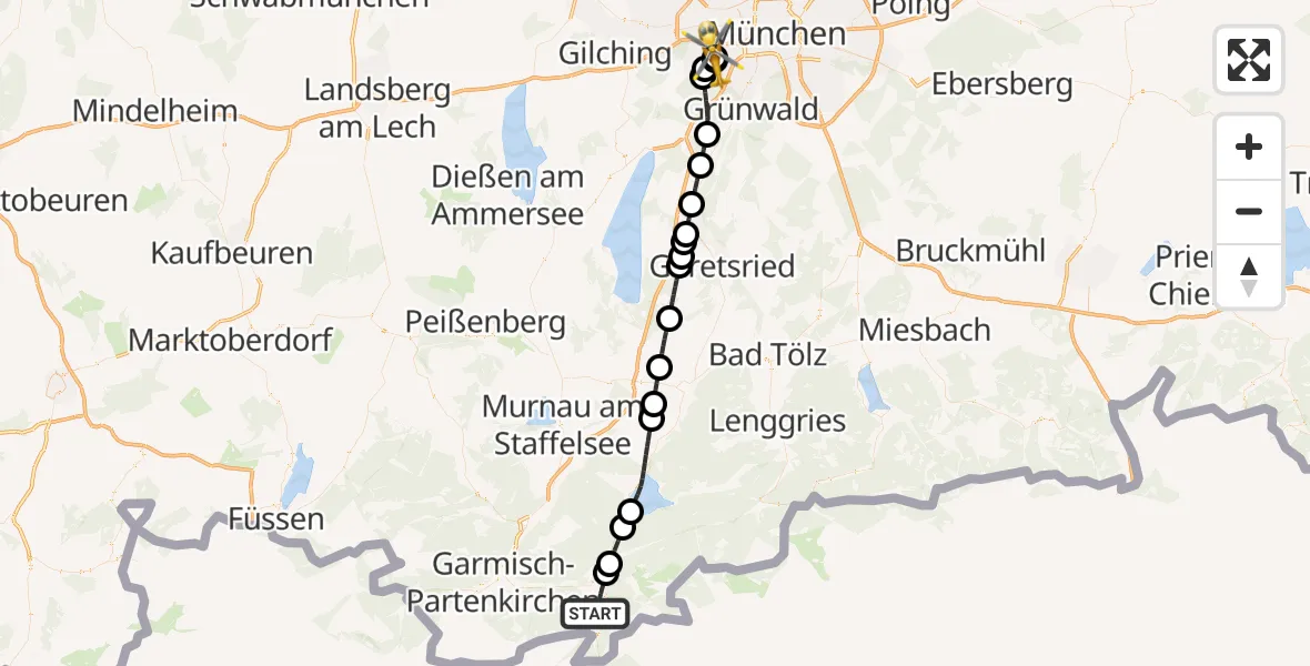 Flugroute Rettungshubschrauber Mittenwald - DRF Air Rescue München Hubschrauberlandeplatz, 15 Juli 2026, 03:54