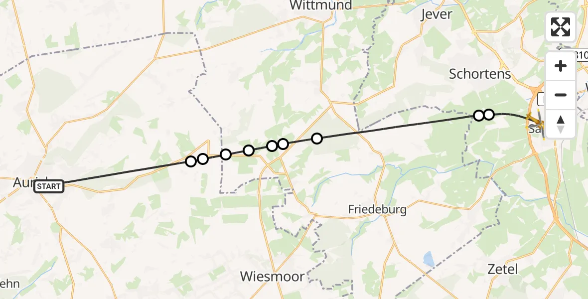 Flugroute Rettungshubschrauber Aurich - Sande, 15 Juli 2026, 04:26