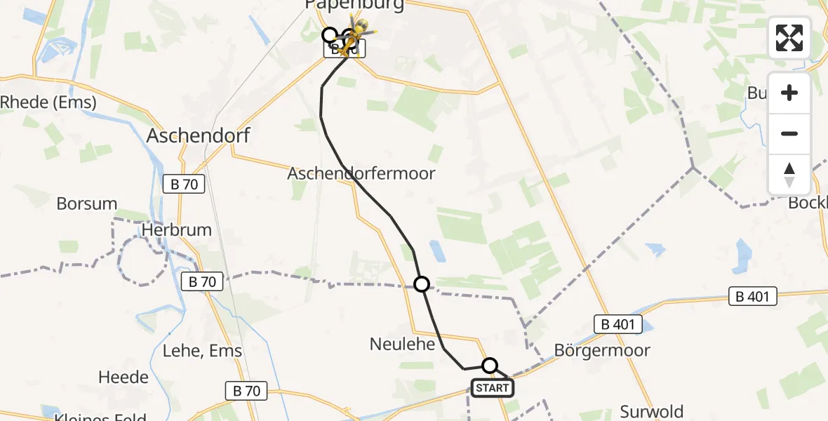 Flugroute Ambulanzhubschrauber Surwold - Marien Hospital Papenberg Aschendorf, 15 Juli 2026, 04:48