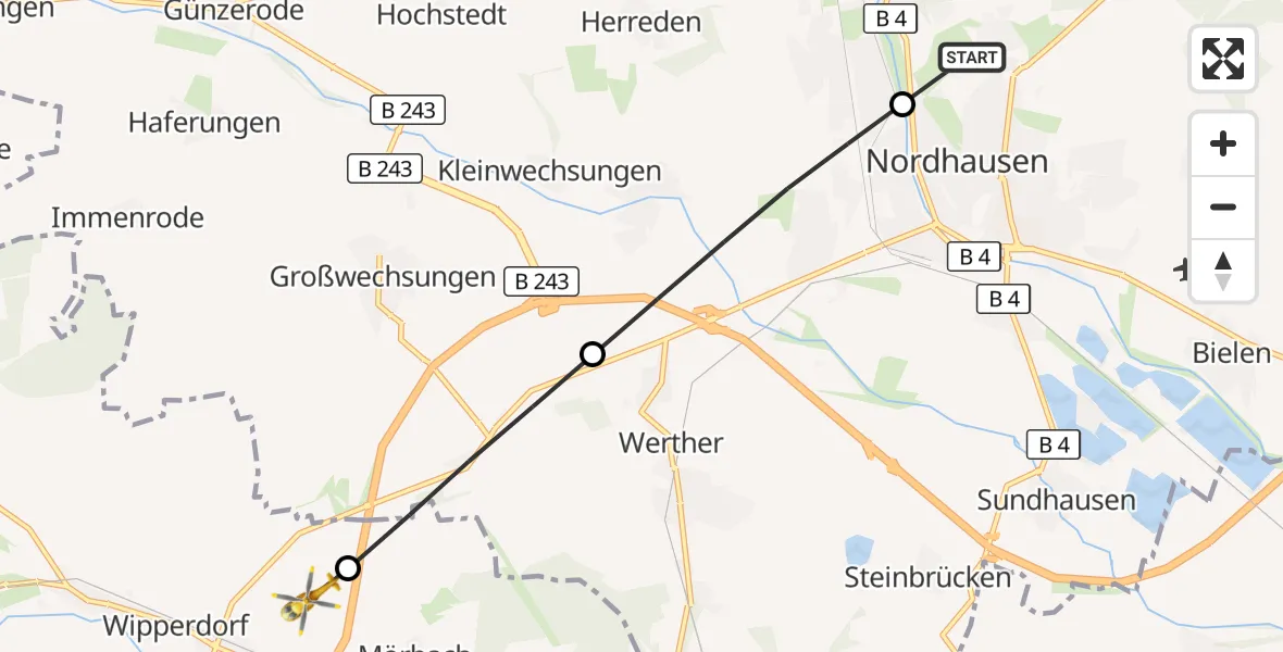 Flugroute Rettungshubschrauber Südharz Hospital Nordhausen - Bleicherode, 15 Juli 2026, 05:03
